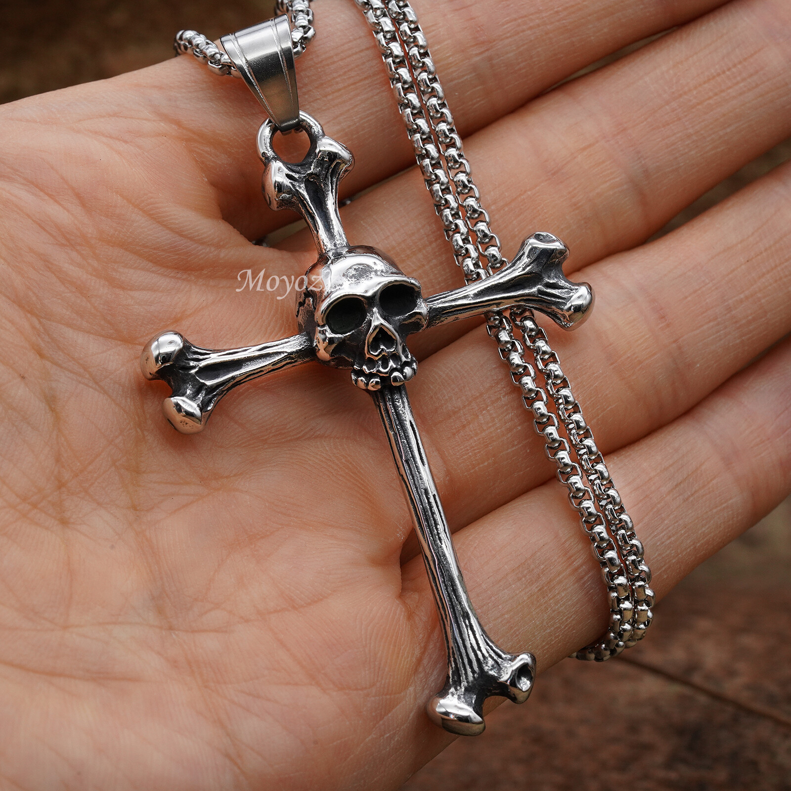 Mens Gothic Biker Skull Cross Pendant Necklace Chain Men Stainless Steel Gift