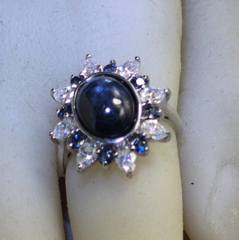 D’Joy Blue Star Sapphire (DF) + Moissanite (8.75 cttw) 925 silver ring size 9