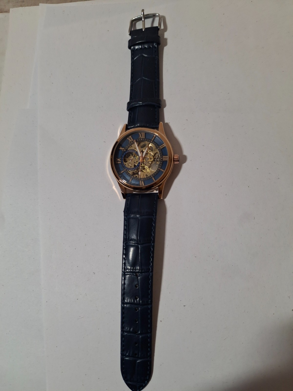 LONGLUX Men’s Automatic Mechanical Watch Dark Blue Skeleton Dial Leather NEW