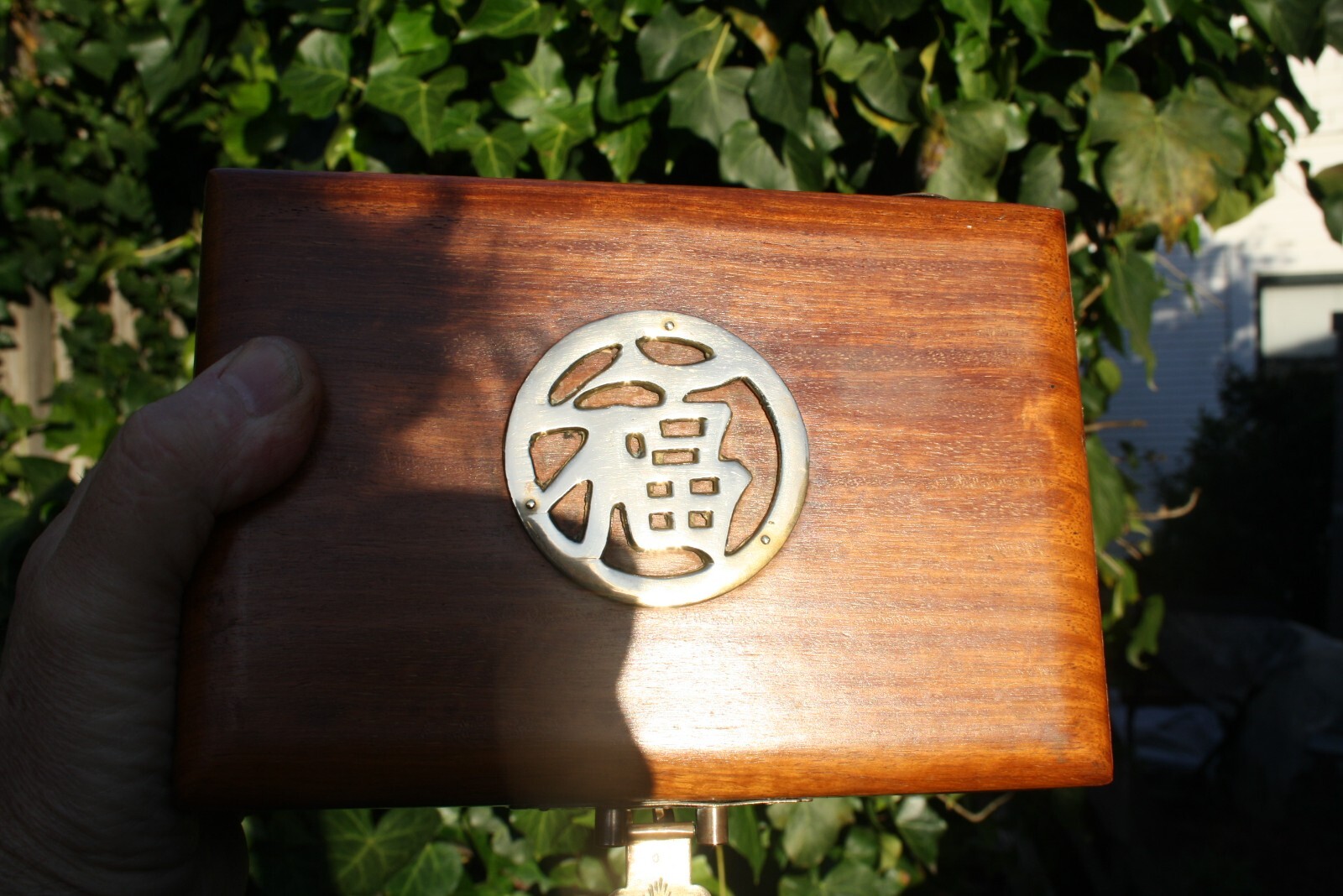 Vintage Chinese Wood & Brass Jewelry Box with Gold Silk Lining Dovetailed
