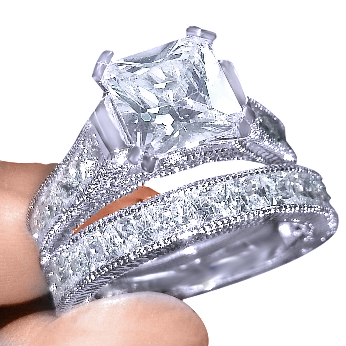 7.36 Ct Vintage Wedding Band Ring Princess Cut Created Topaz 925 Sterling Silver