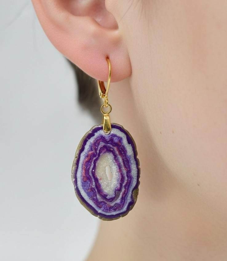 Sm Faux Amethyst Geode Slice Polymer Clay Handmade Dangle Earrings SS Ear Wires