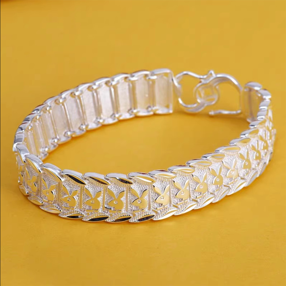 Pure 990 Fine Silver Bracelet Women Men 13mm Rabbit Watch Link 7inch to 8inch