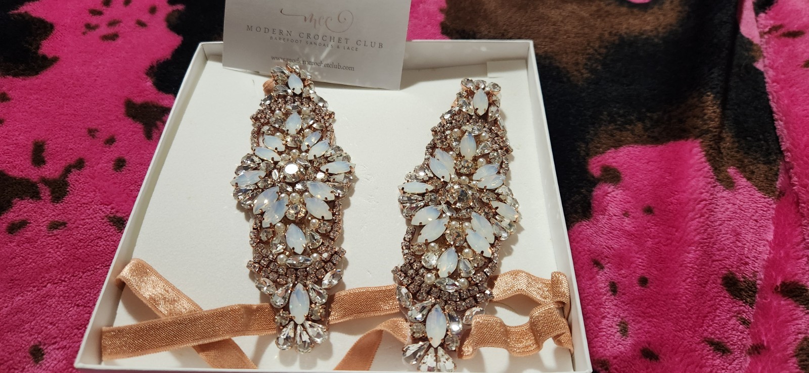 Modern Crochet Club Rose Gold Tone Crystal Barefoot Sandals. Brand New