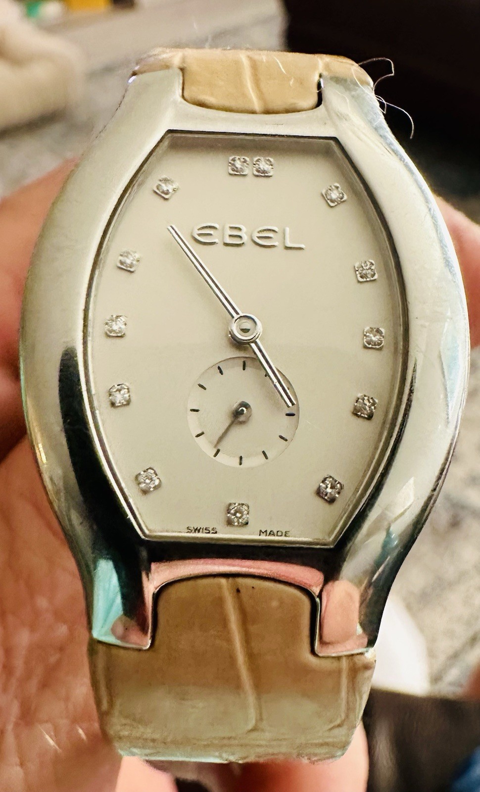 EBEL Beluga Tonneau Women’s Quartz Watch, SS Case, Silver Dial, Diamond, Beige