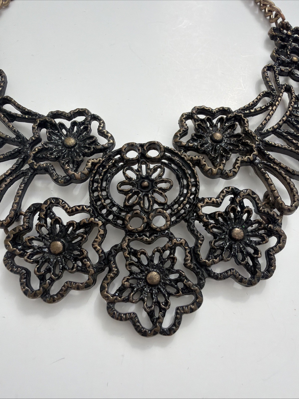 Vintage Style Bronze Filigree Floral Bib Necklace Statement Boho Cottagecore