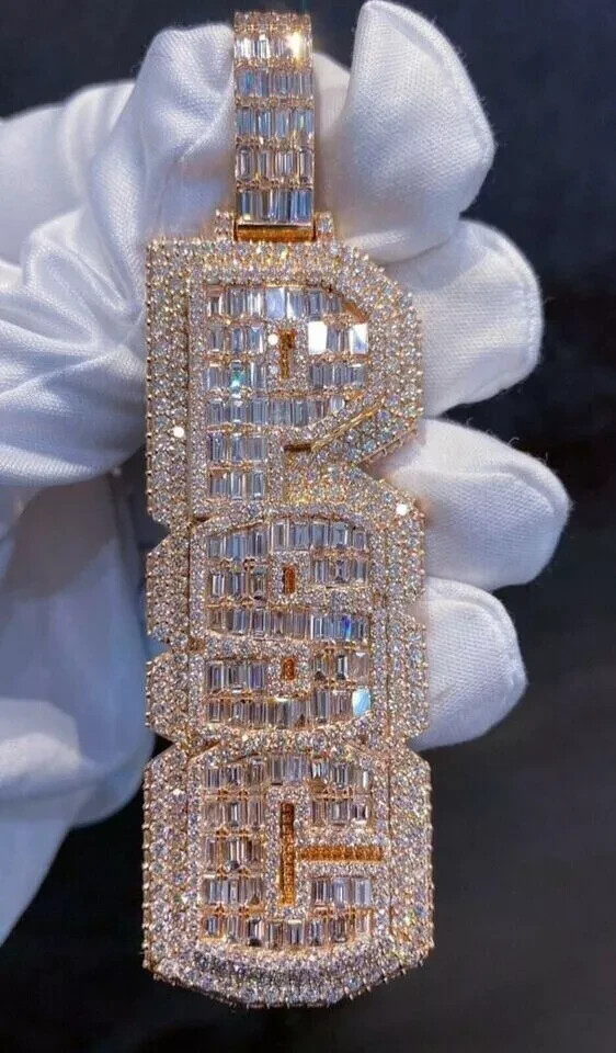 3.80Ct Baguette Cut Real Moissanite Custom Any Name Pendant 14K Rose Gold Plated