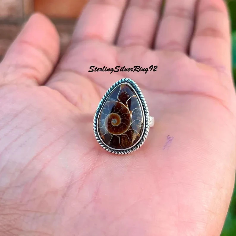 Ammonite Fossil 925 Sterling Silver Band & Statement Handmade Ring All Size
