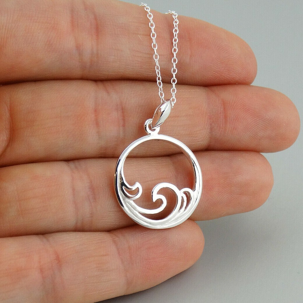 Ocean Waves in Circle Pendant Necklace 925 Sterling Silver Beach Surf Gift NEW