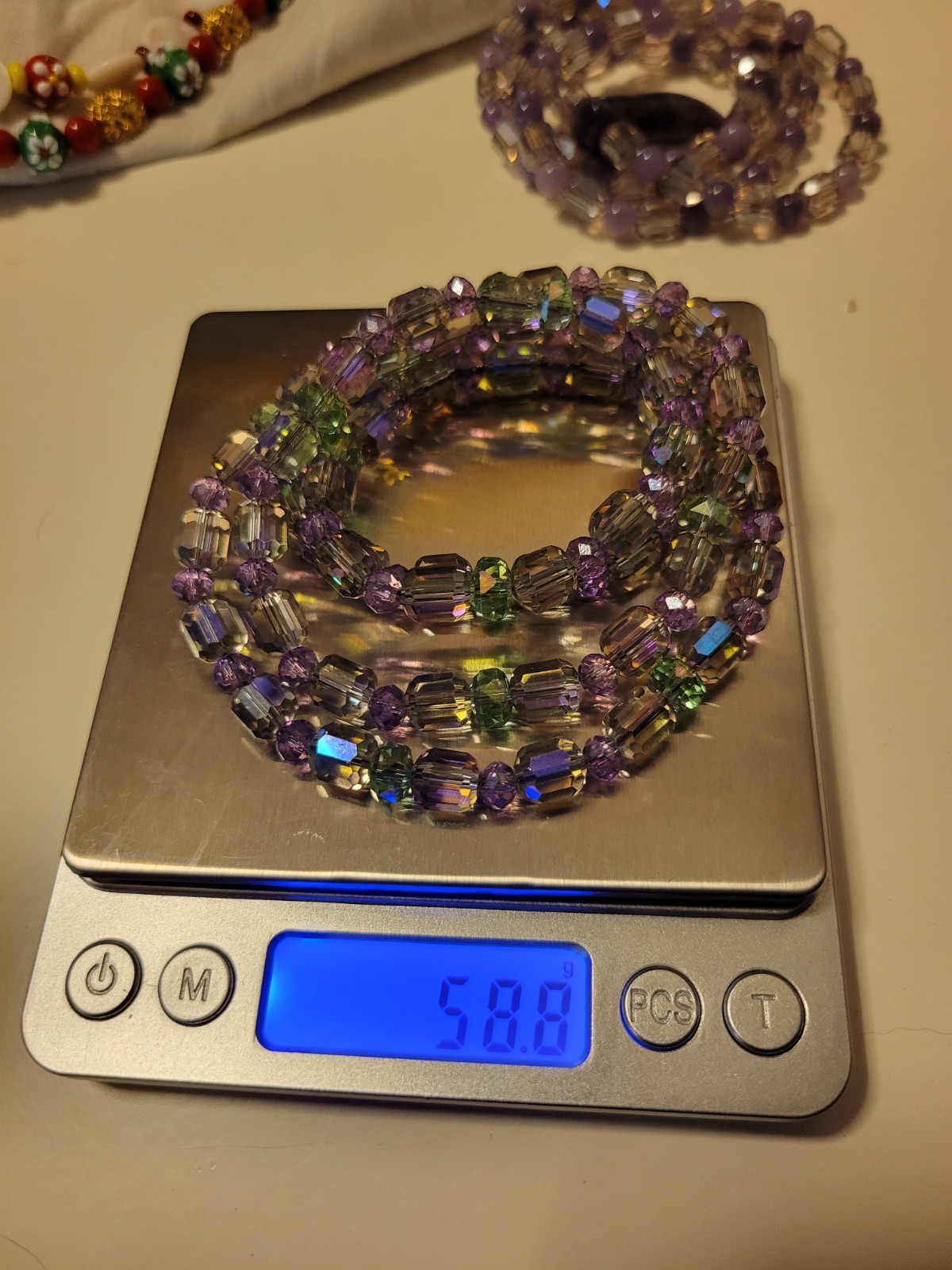 Iridescent Genuine Crystal Beaded Necklace in Purple & Green Artisan Handmade