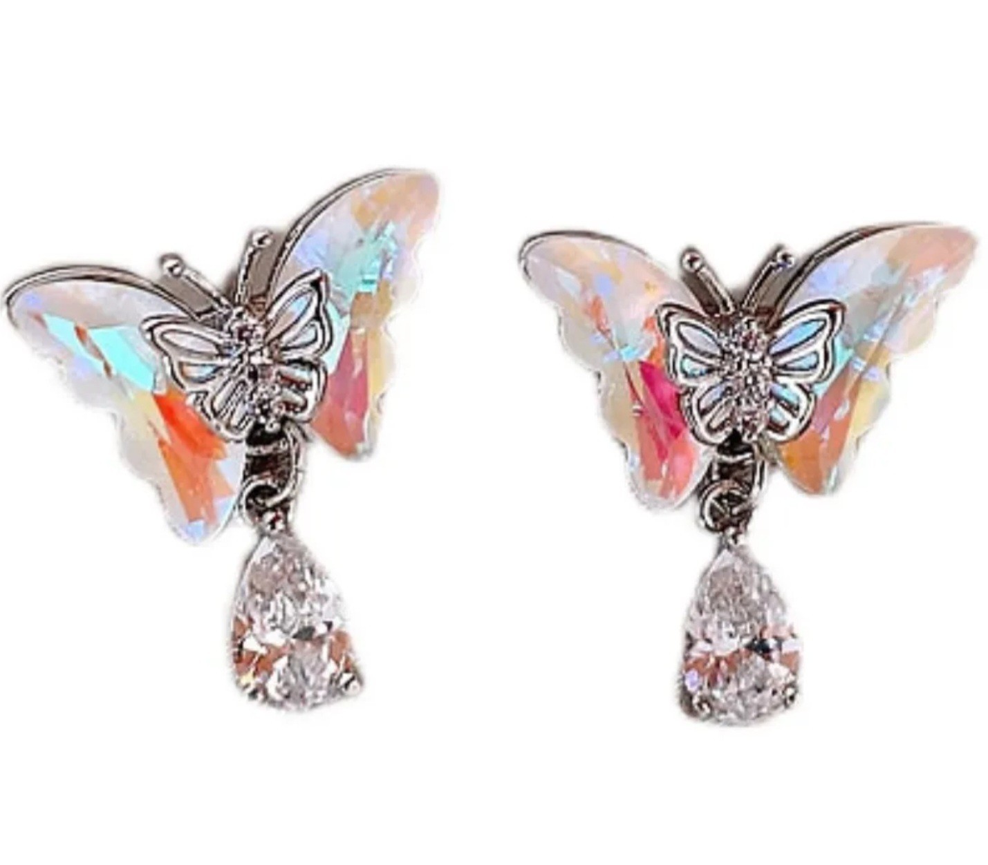 Silver Tone Butterfly Stud Dangle Drop Earrings Clear Teardrop Rhinestone