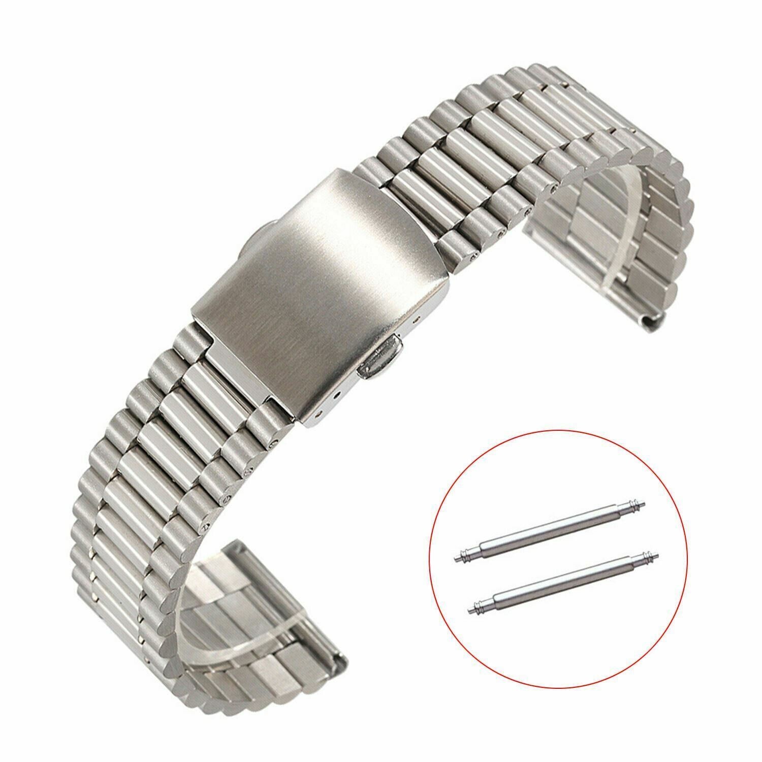 12-20mm 3Rows Slim Metal Watch Band Safe Secure Clasp Stainless Steel Link Strap
