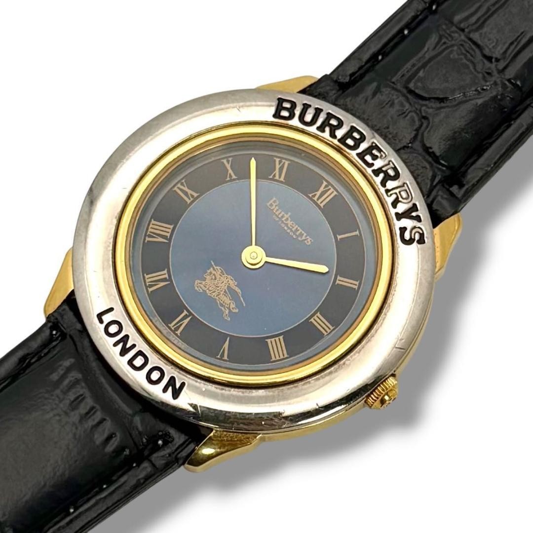 Burberry Mens Quartz Watch 3000 33mm Silver Gold Case Navy Dial Black Leather
