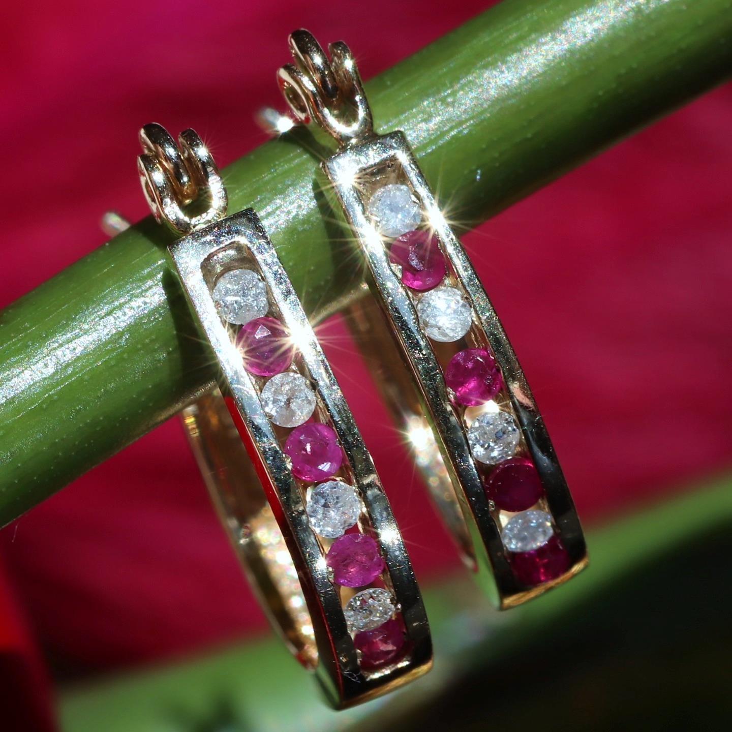 10k yellow gold earrings 0.27ct natural, treated ruby diamond hoop 2.20gr N3634