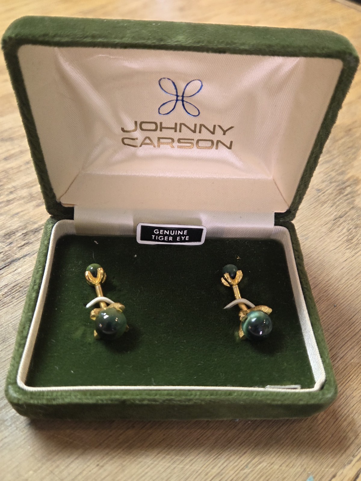 Rare Vintage Johnny Carson Gold Tone Green Tiger Eye Stone Cufflinks W/Box NOS