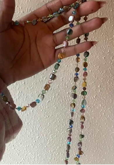 Multicolor Shell & Bead Long Strand Necklace – Pink / Green / Blue
