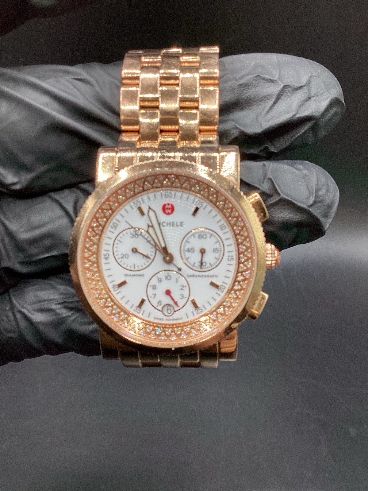 MICHELE (MW01C01G1001) Diamond Rose Gold White Dial Chrono Watch-Free Shipping