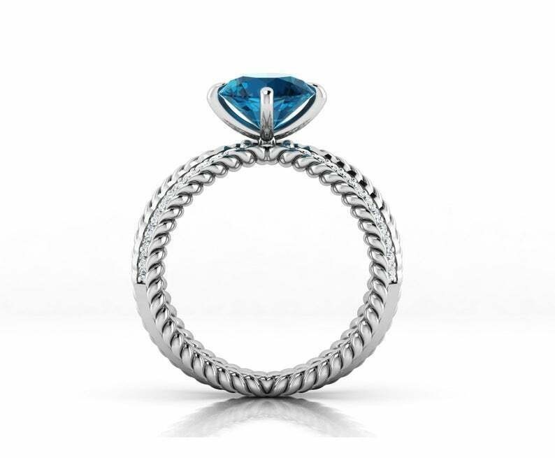 2ct Natural London Topaz Braided Open Split Shank Ring 14K White Gold Plated
