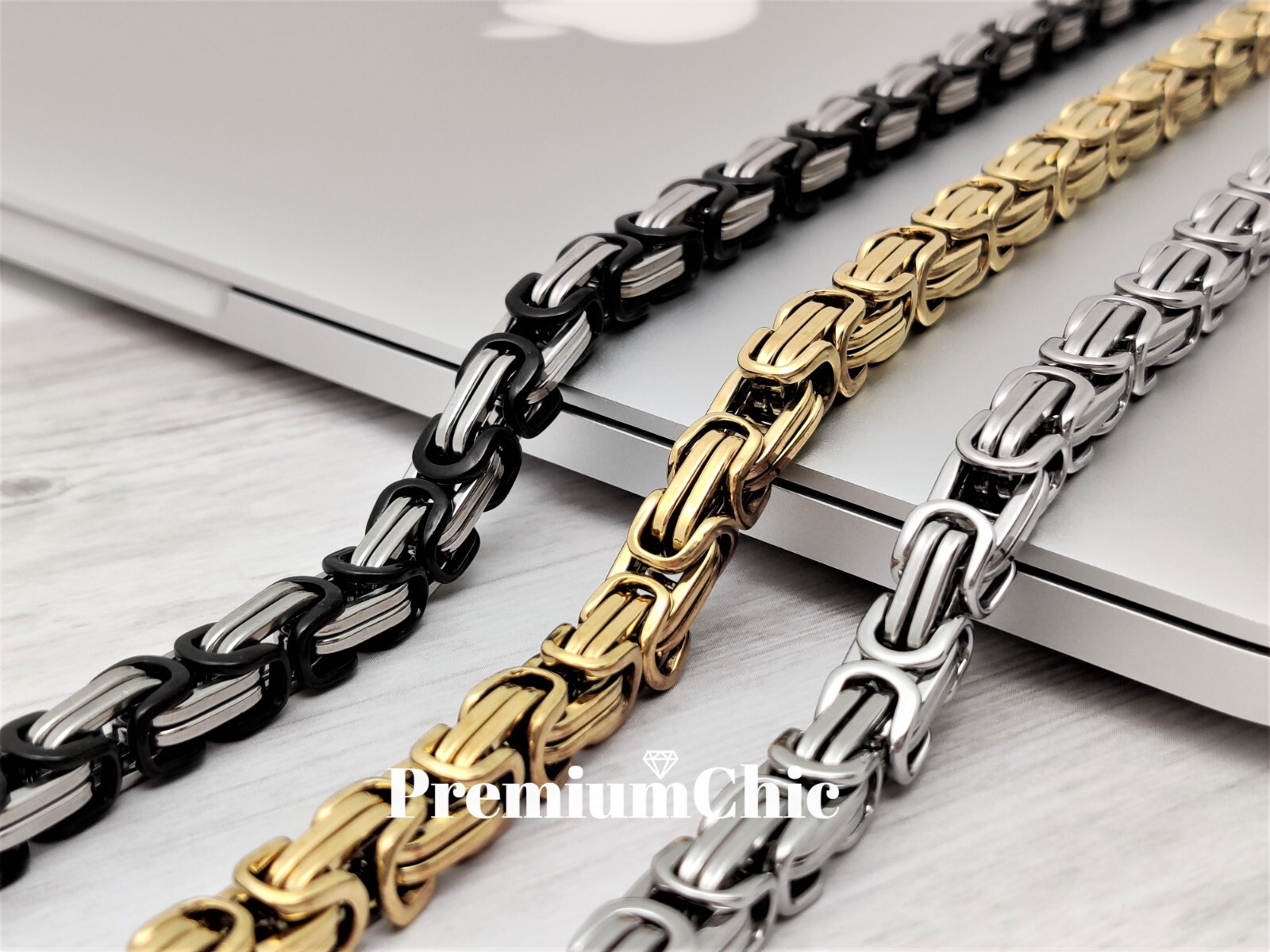 Mens Byzantine Box Necklace Solid Stainless Steel Chain Silver/Black/Gold Plated