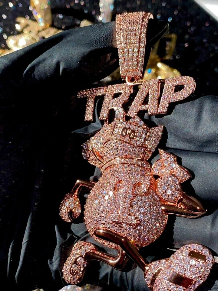 2.40Ct Lab Created Diamond Round Trap Money Bag Big Pendant 14K Rose Gold Plated