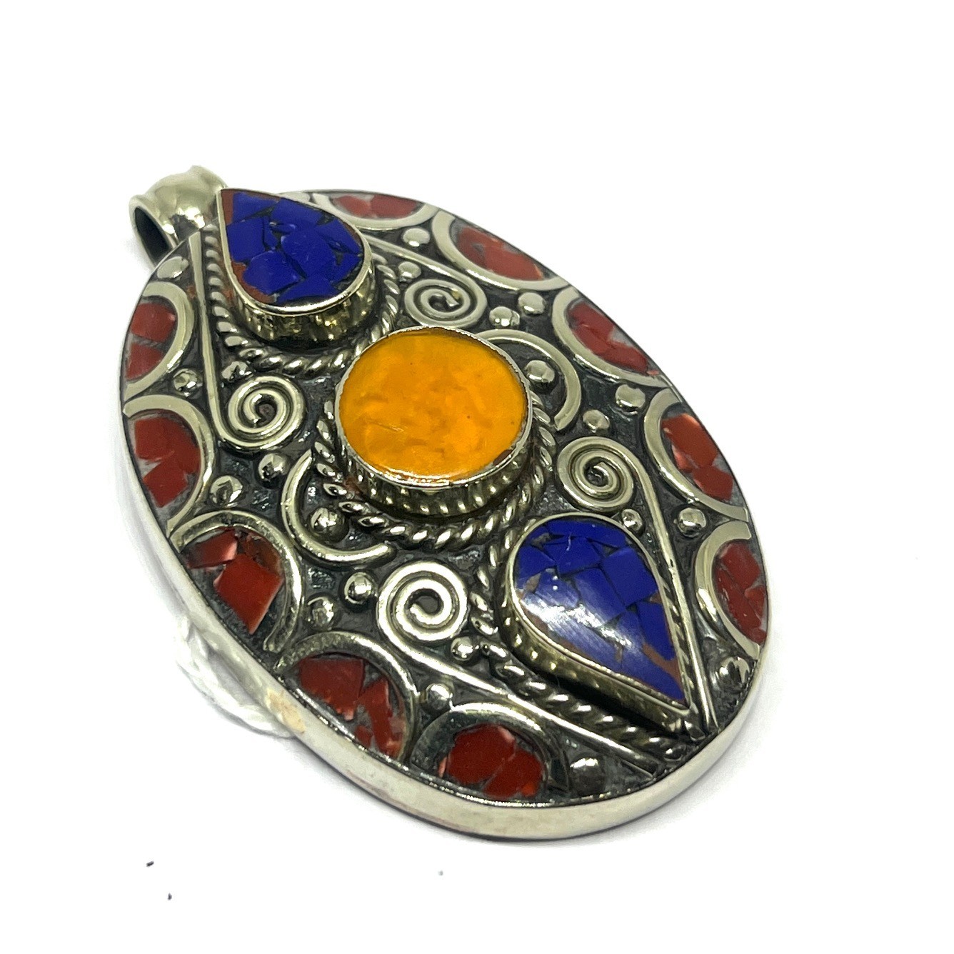 Tibetan Coral Lapis Amber Gemstone Buddhist Statement Pendant Jewelry, 2.2 inch