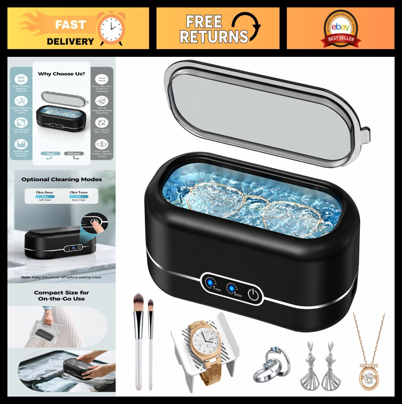 Ultrasonic Jewelry Cleaner 48KHz – Stainless Steel 12oz Pod for Rings, Glasses,