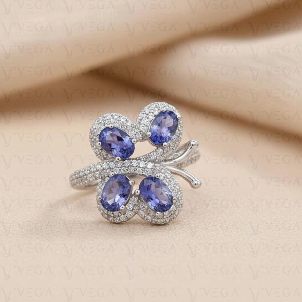 6Ct Oval Cut Natural Tanzanite And Diamond Butterfly Ring 18K White Gold Filled