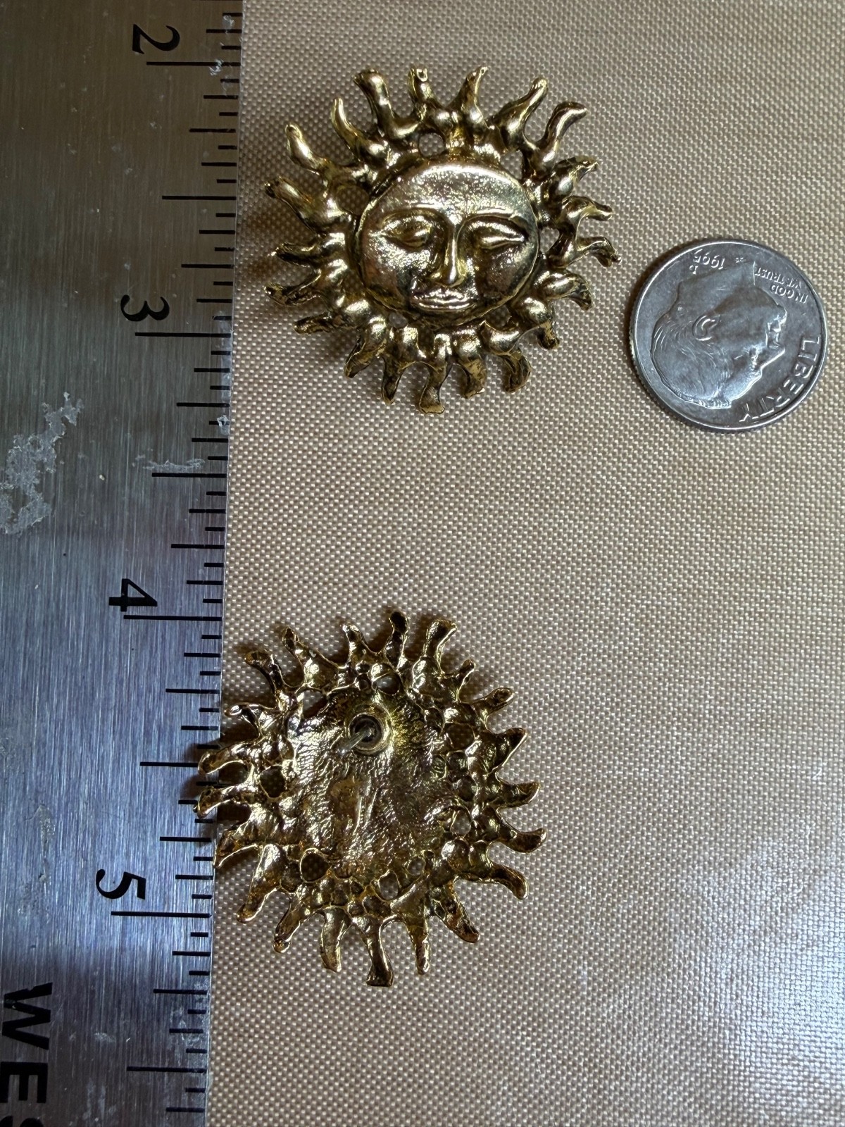 Vintage Brass Celestial Sun Face Post Earrings 31mm NOS Bright Gold 1 Pair Jewel