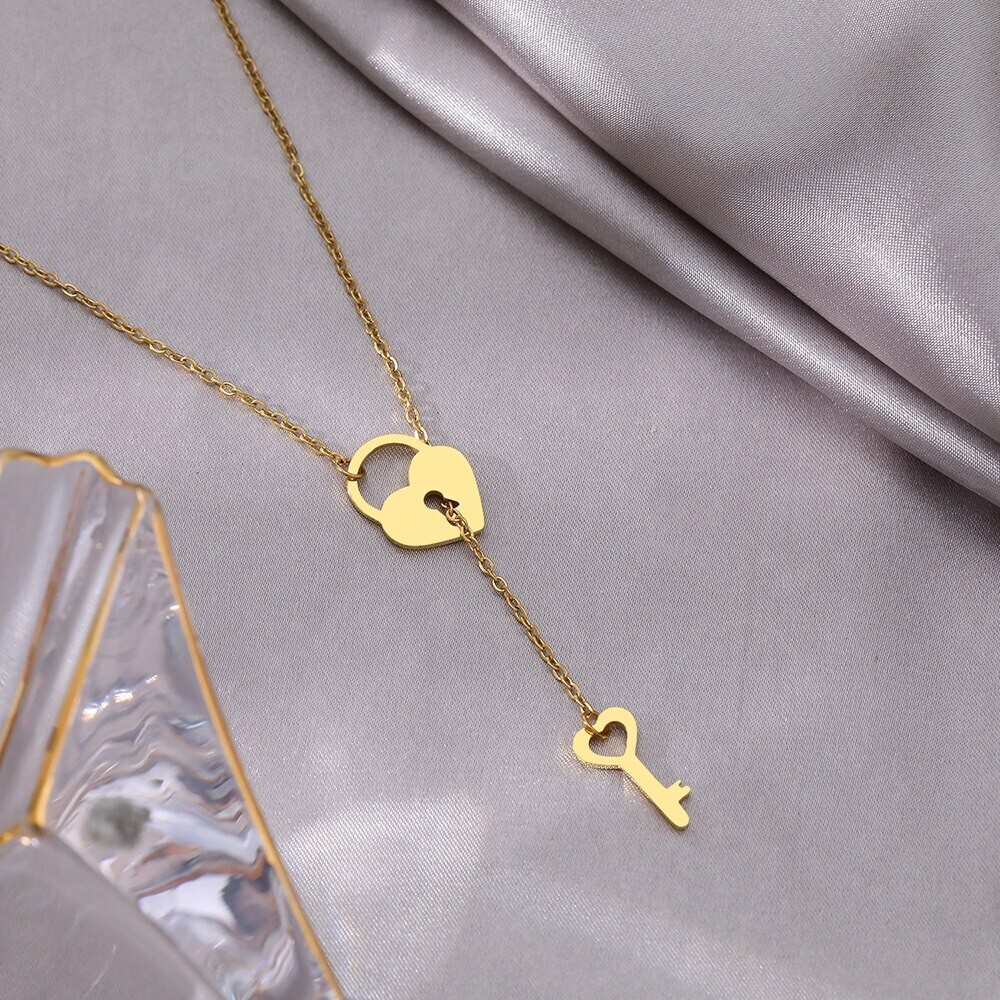 Gold Heart Lock and Key Charm Necklace