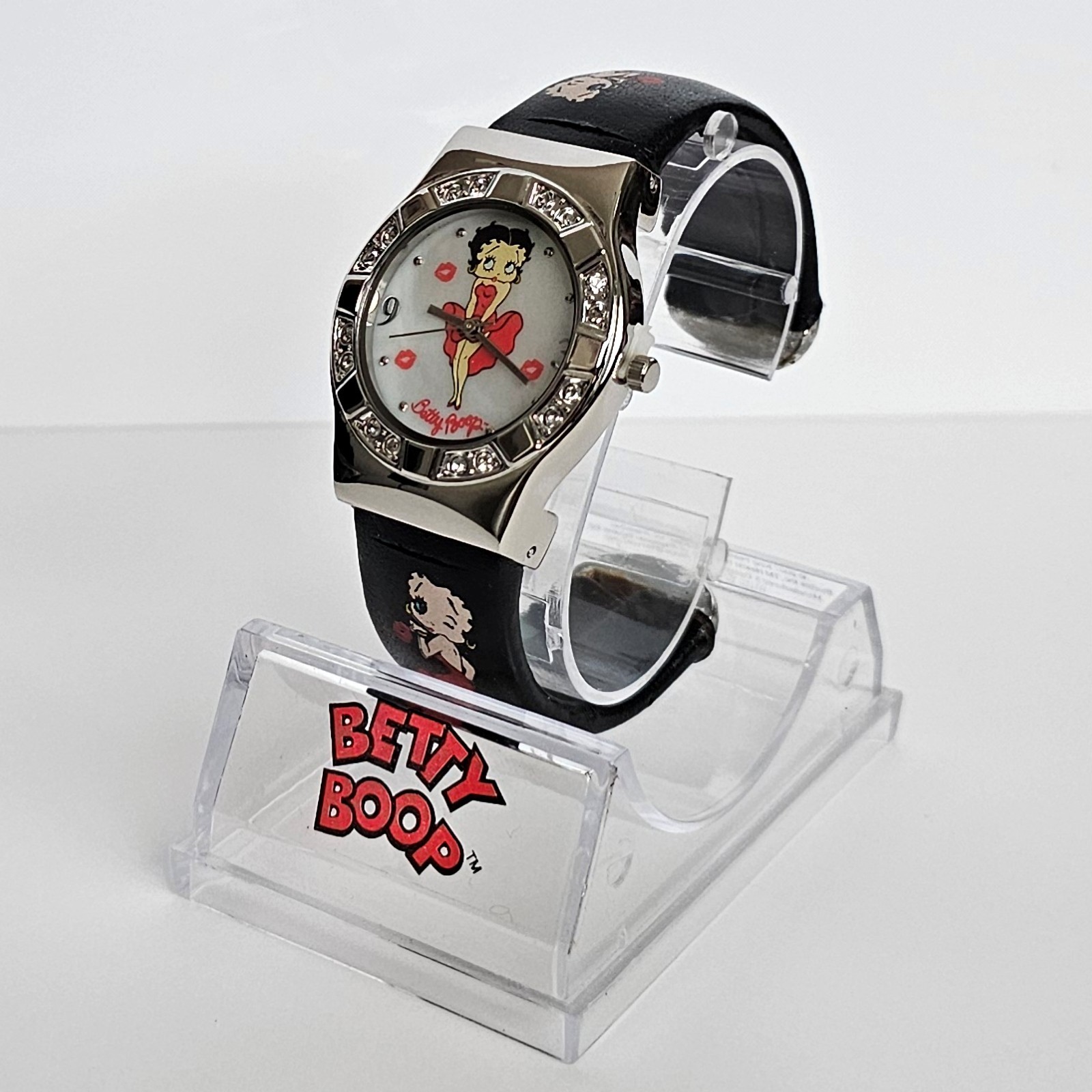 NOS Betty Boop “Marilyn Monroe” Crystal MOP Dial Black Leather Watch New Battery