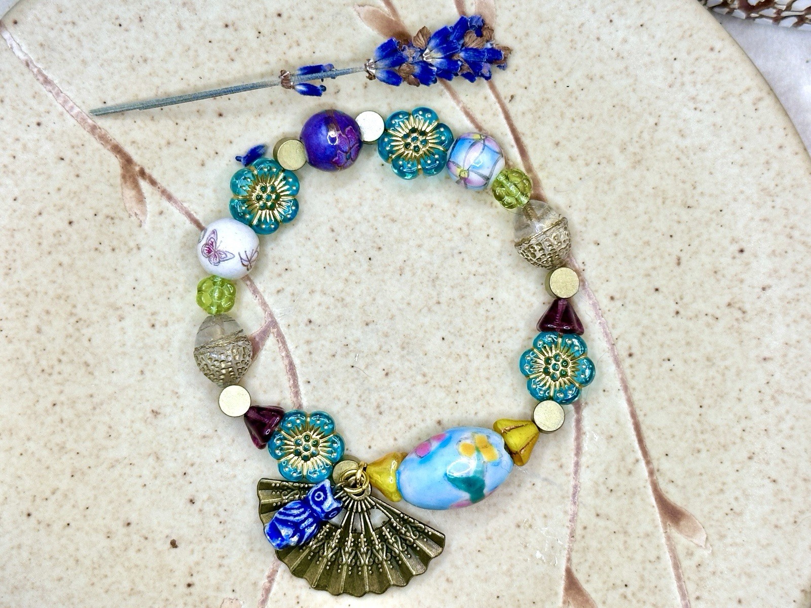 Multicolor Beaded Bracelet w/Czech Glass, Porcelain, Brass Accents & Owl Dangle