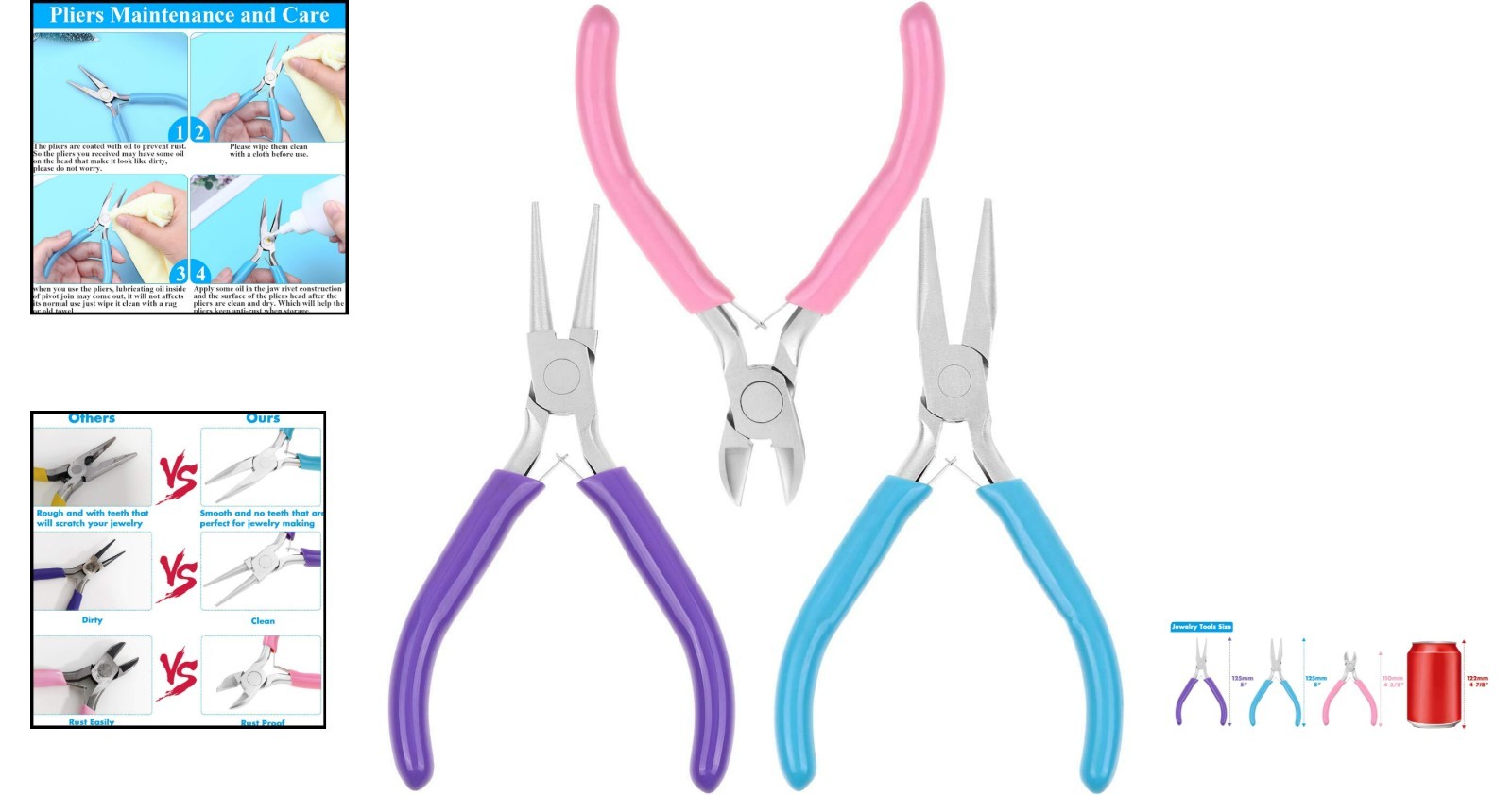 Alloy Steel Jewelry Making Pliers with Comfortable Rubber Grips – 3 Count