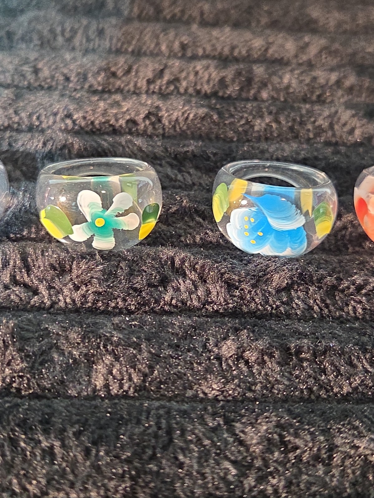 5 Plastic Resin Rings Multicolor Flower Ring Clear Band Handmade Painted Size 9