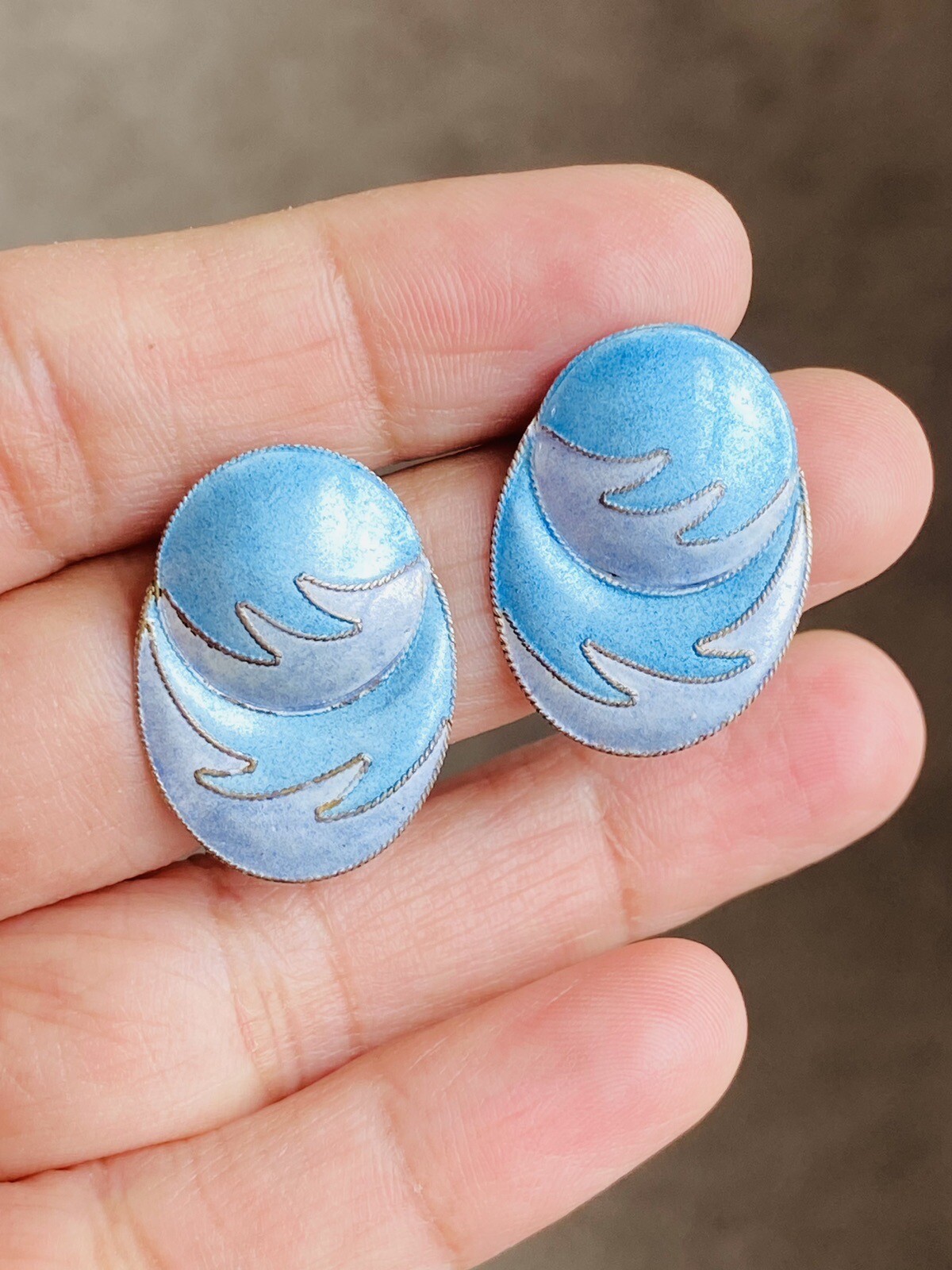 Vintage Chinese Export Gilt Sterling Silver Enamel Blue Waves Oval Earrings