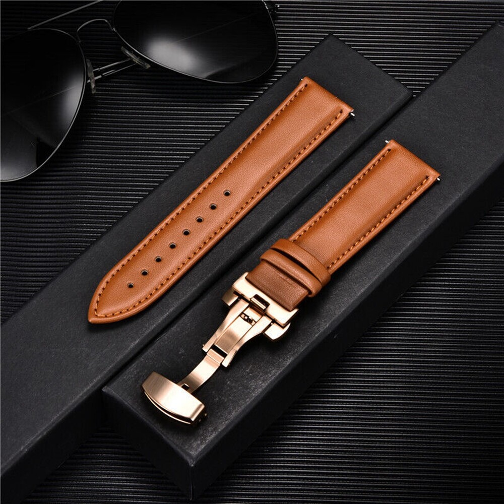Genuine Leather Watch Band Strap Butterfly Buckle Bracelet 14/16/18/20/22/24mm
