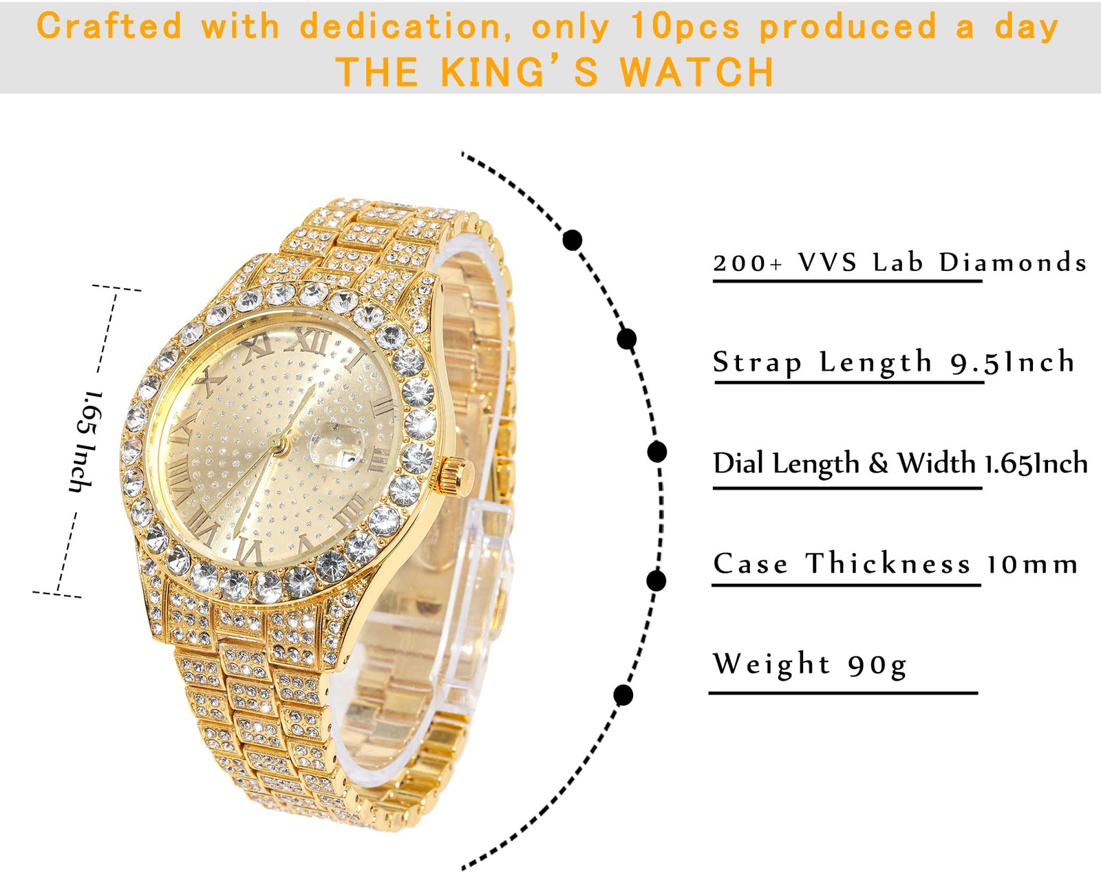 Men’s Gold Watch Diamond Iced Out Luxury 42MM Round Quartz Wristband Gift Box