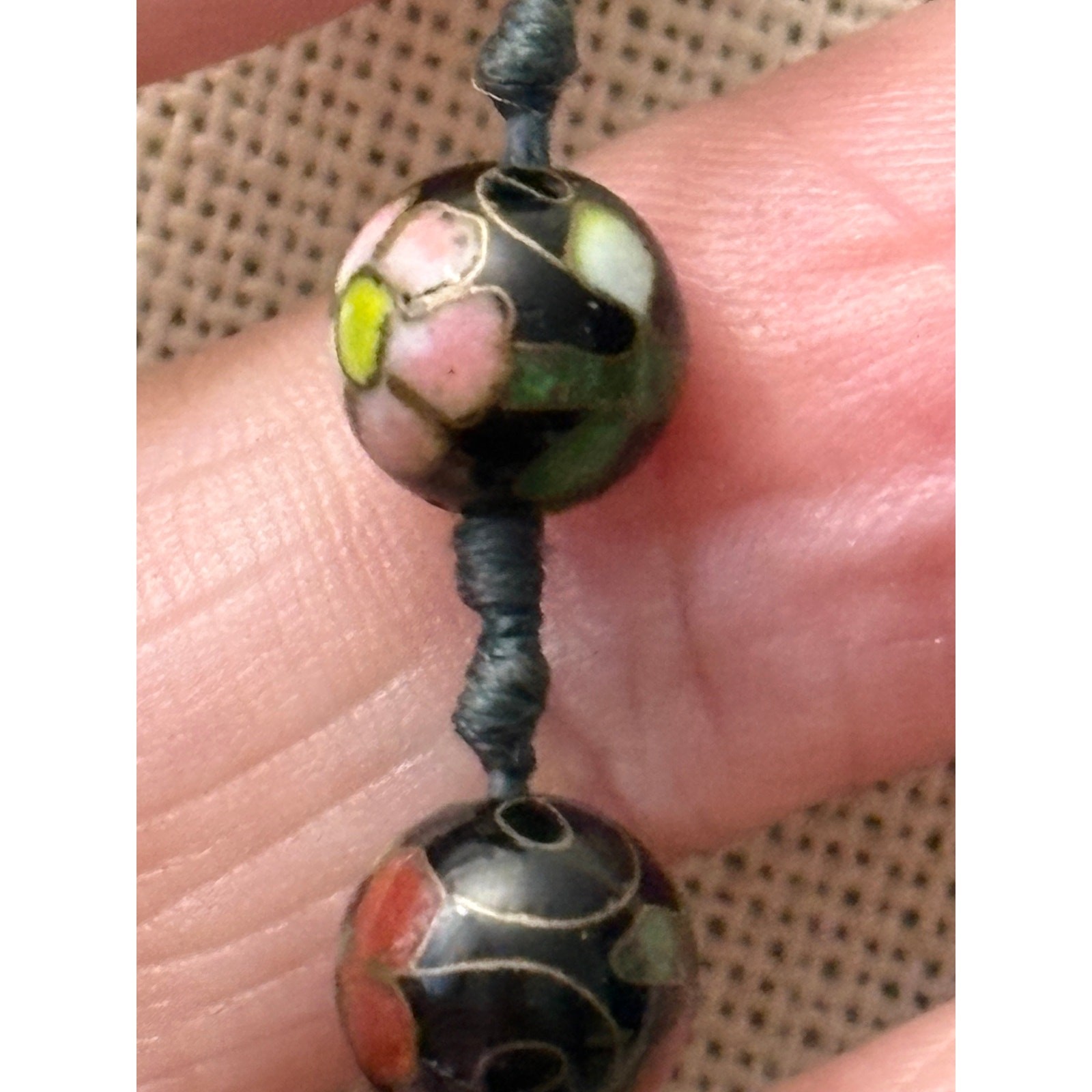 Vintage Chinese Cloisonne Bead Necklace 30in Double Knotted Silk 8mm