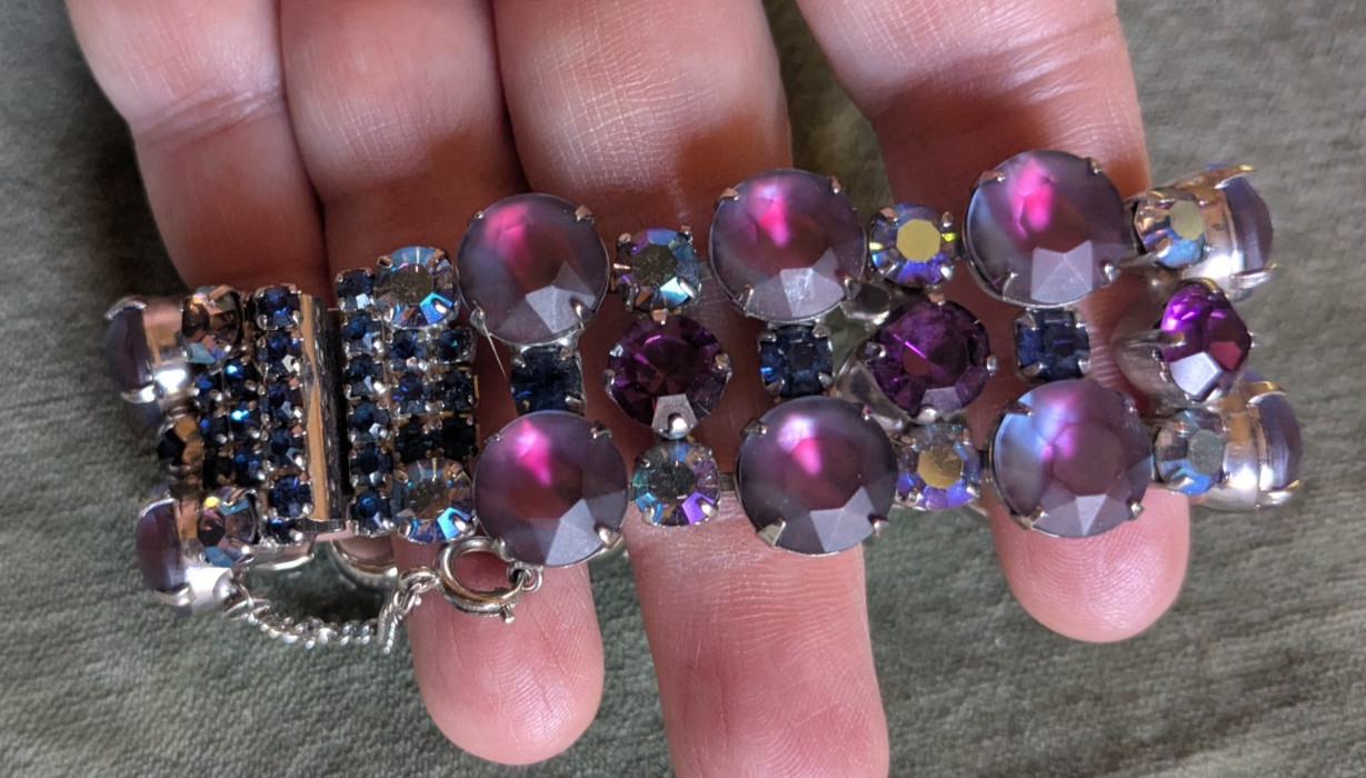 Vintage rhinestone bracelet pink, purple, blue MCM cuff safety chain unsigned
