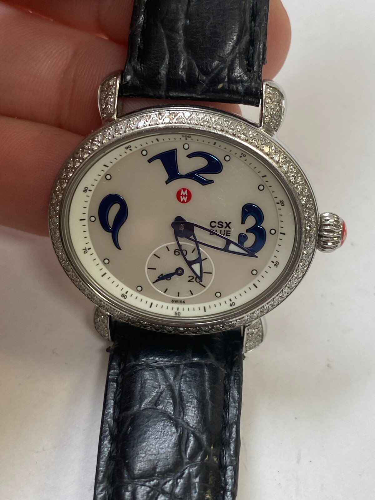 Michele CSX Blue MOP Dial Diamond Bezel 35mm Quartz Watch MW03E01 NEW BATTERY!