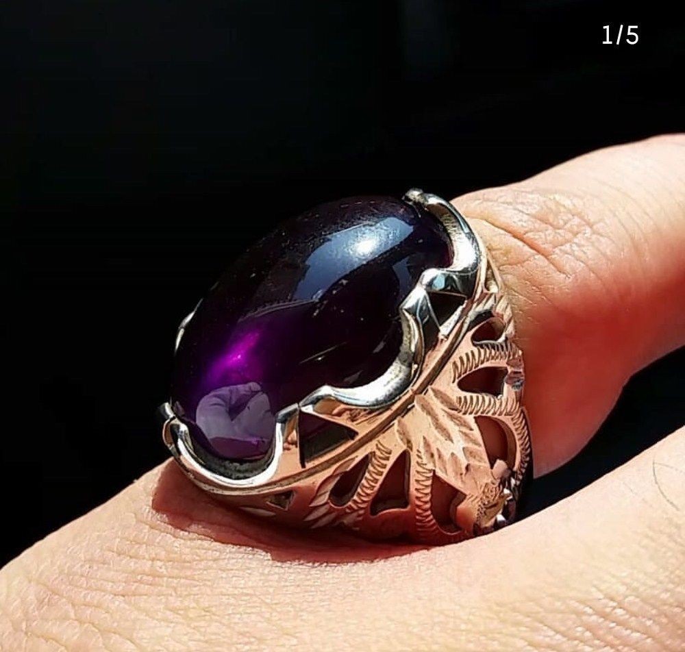 Solid 925 Sterling Silver Natural Purple Amethyst Cab Gemstone Men’s Unisex Ring