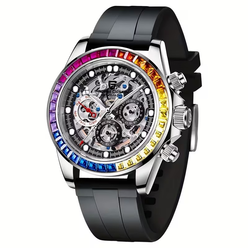 🔥USA🔥PAGANI DESIGN PD-1653 Automatic Watch, Rainbow Circle, Skeleton Rubber