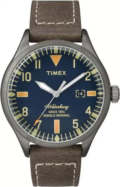 Timex Waterbury Traditional Men Blue Dial Gunmetal Brown Leather Watch TW2P83800