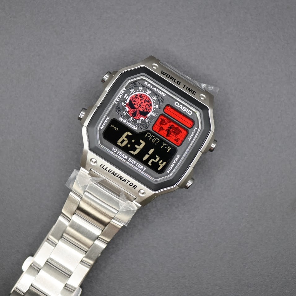 CASIO AE-1200WHD. Royale World Time Watch Mod. Negative Display – Red Skull Dial