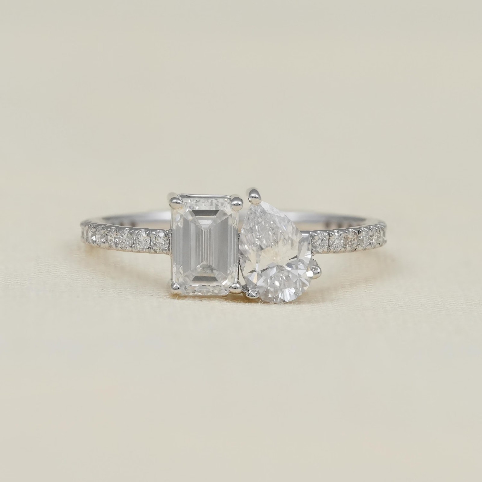 IGI Certified 1.70ct Emerald & Pear Lab Grown Diamond Engagement Ring 14k Gold