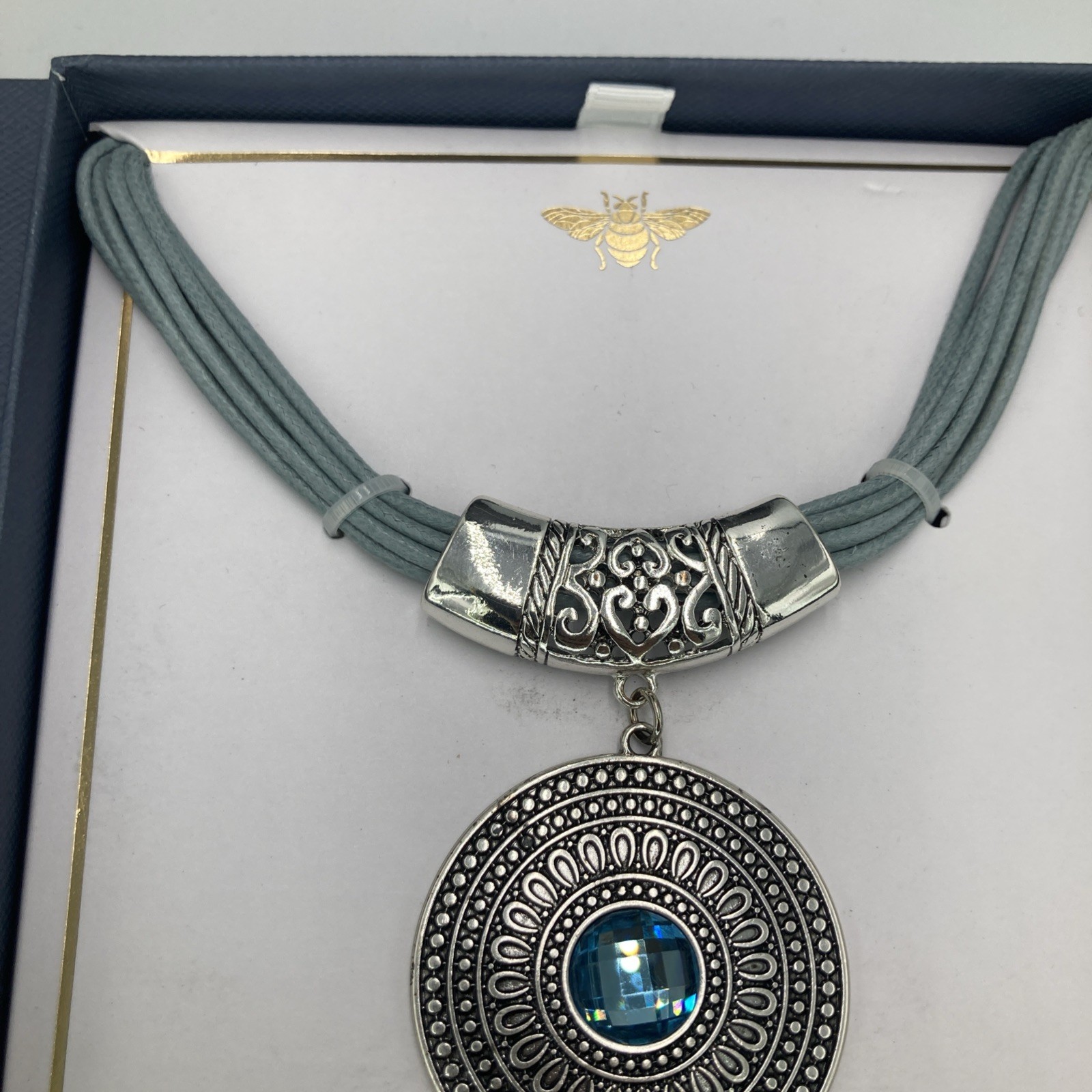 Statement Necklace Silver Tone Medallion Pendant Blue Faux Gem Cord New in Box