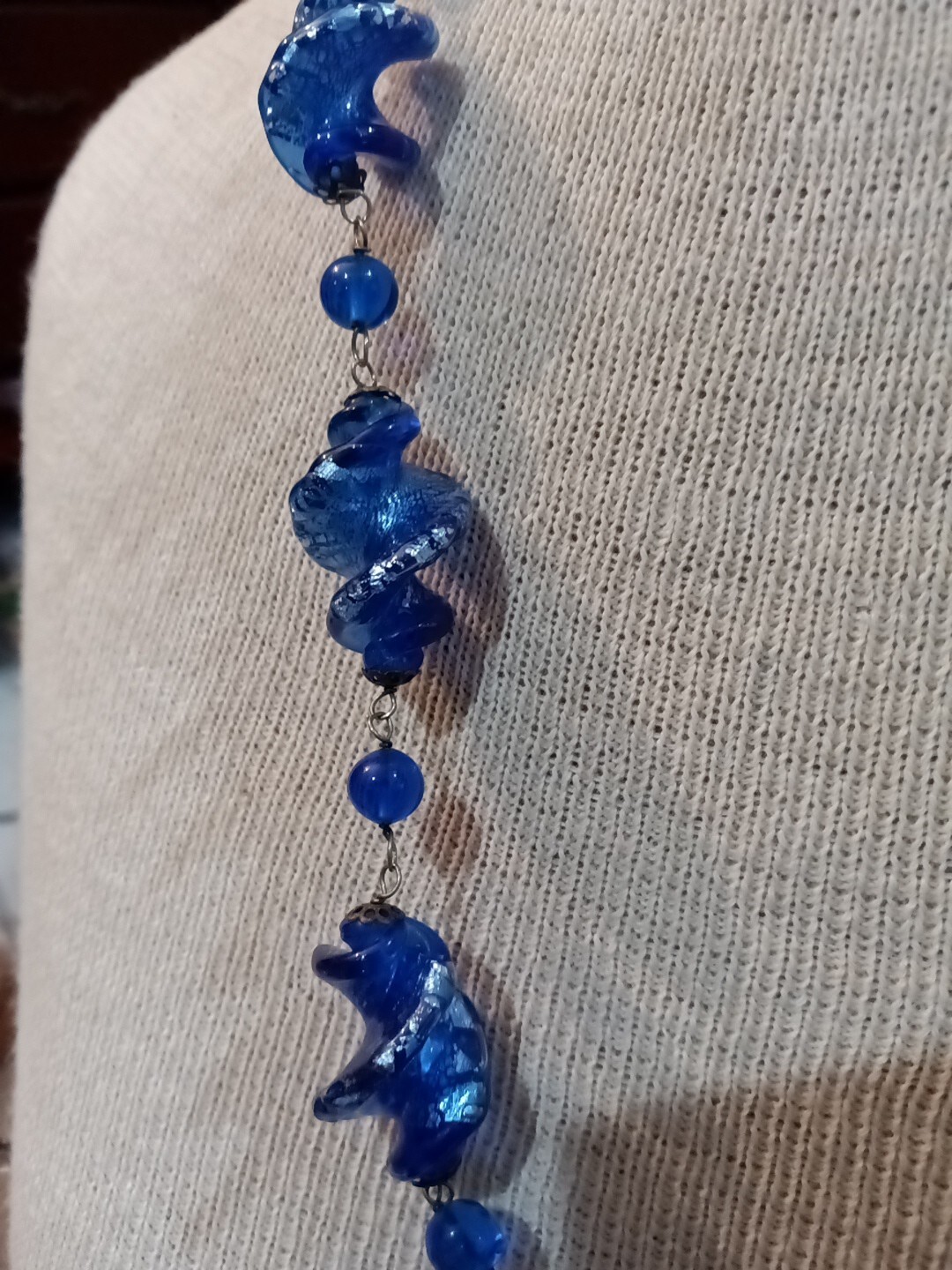 Handcrafted Twisted Blue White Murano Glass Blue Round Beads & Gunmetal Necklace