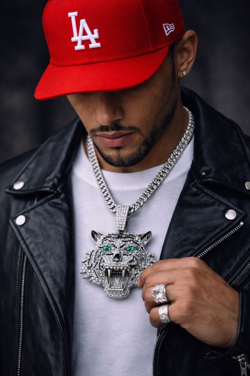 Iced Out Tiger Head Pendant Chain Silver Cuban Link Hip Hop Necklace BlingJewelr