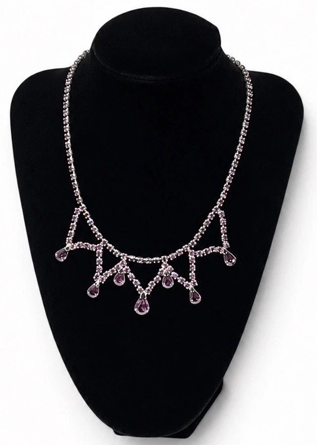 Vintage Purple Rhinestone Festoon Necklace Silver Tone Teardrop Dangle 16”