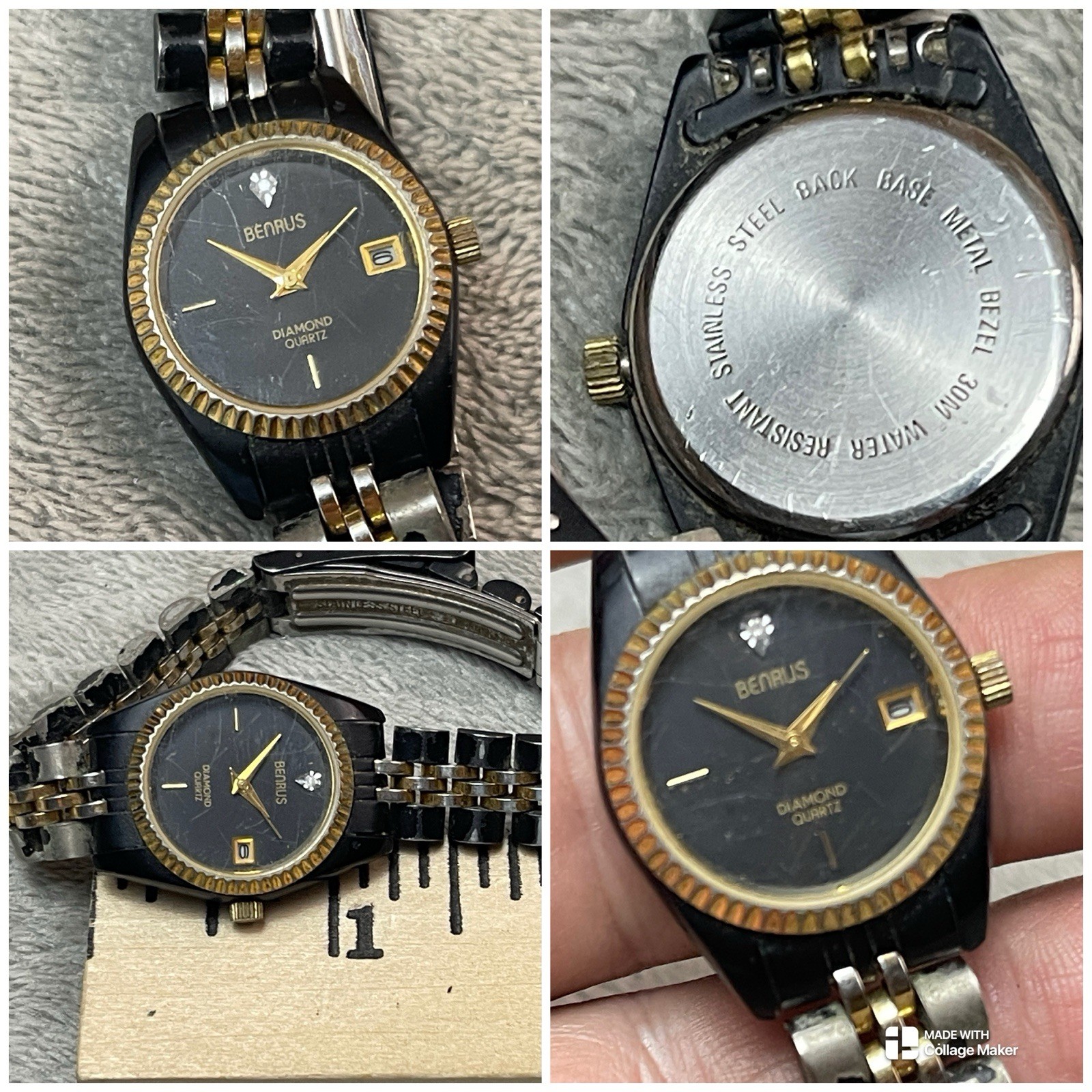 Vintage Benrus Diamond Quartz Watch Black Gold Two Tone – Parts/Repair