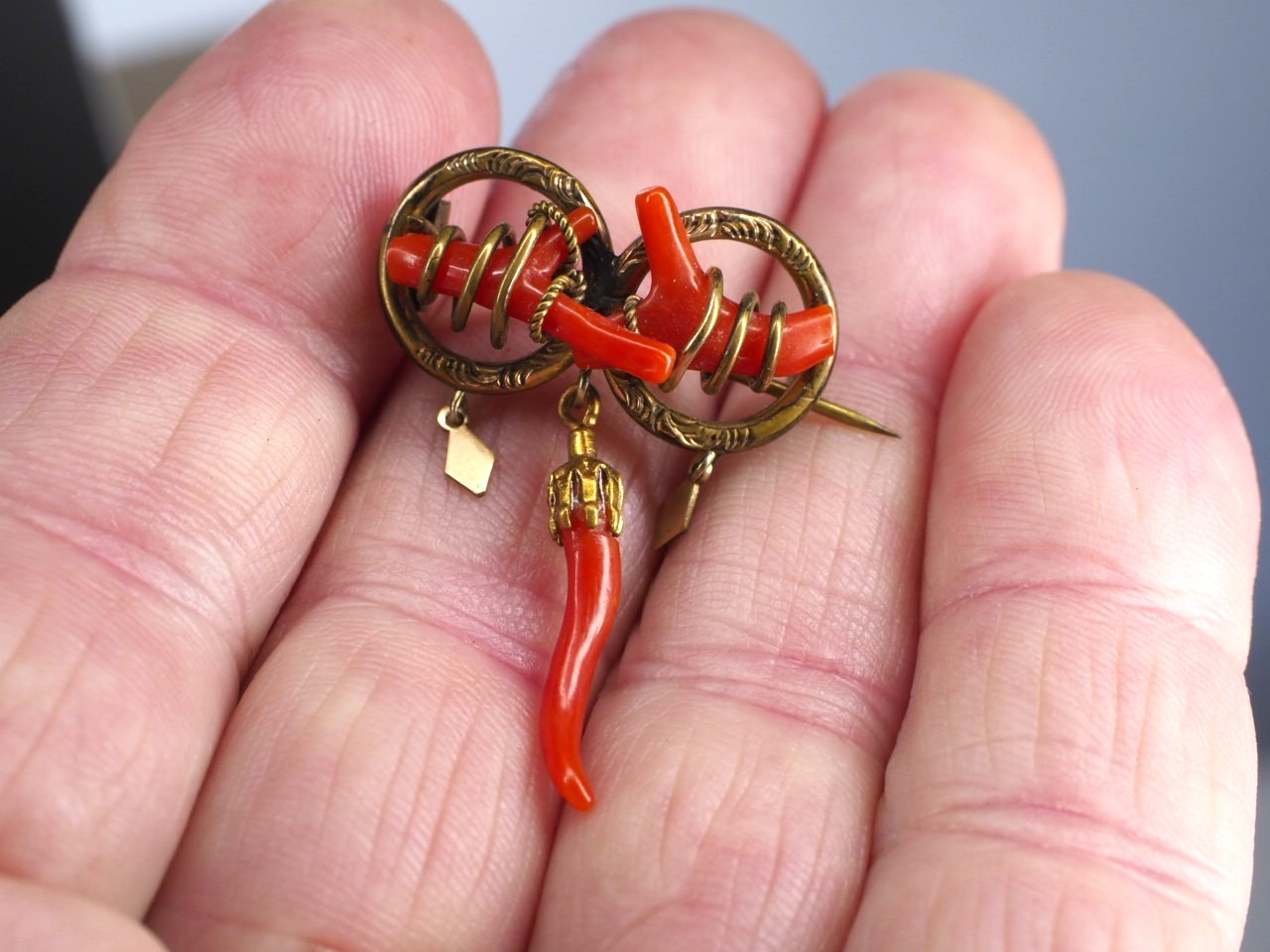 Antique double love knot brooch coral branch pin with dangles C-clasp jewelry